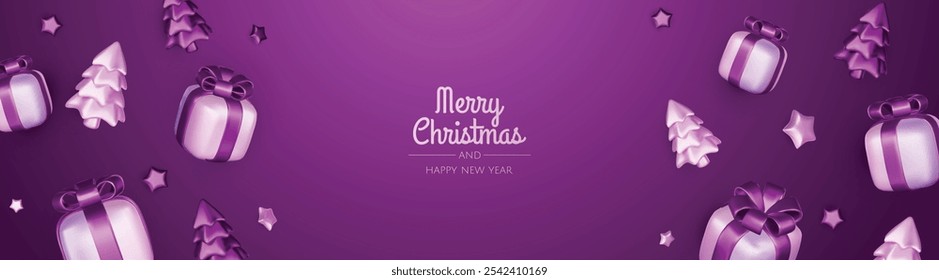 Merry Christmas and happy new year background. Christmas tree, Gift boxes, Christmas balls. Christmas element for web, banners, greeting card, template design.