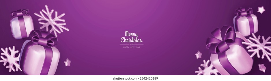 Merry Christmas and happy new year background. Christmas tree, Gift boxes, Christmas balls. Christmas element for web, banners, greeting card, template design.