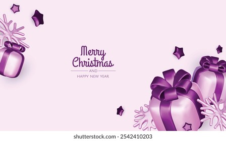 Merry Christmas and happy new year background. Christmas tree, Gift boxes, Christmas balls. Christmas element for web, banners, greeting card, template design.