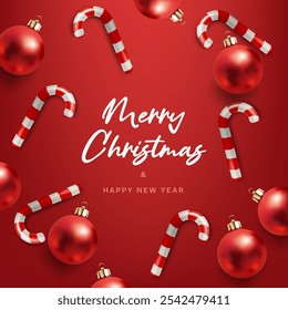 Merry Christmas and happy new year banner. Red color glass sphere toys. Candy canes. Abstract background ideal for cards, posters, and celebrations. Not AI.