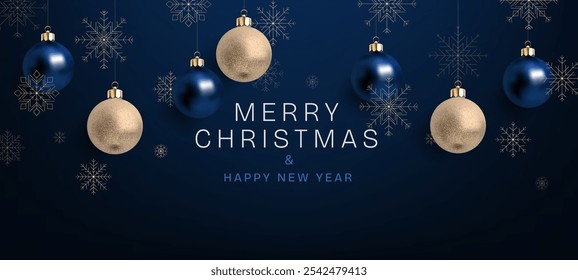 Merry Christmas and Happy New Year banner with glowing gold and blue spheres, snowflakes, elegant ornaments, set against a wintery background. Perfect for holiday greetings. Not AI.