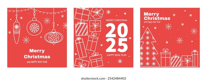 Merry Christmas and Happy New Year modern minimalist banner set. Hand drawn Christmas and winter elements cute doodle style. Vector for ads, print, greeting card, poster, cover, social media post