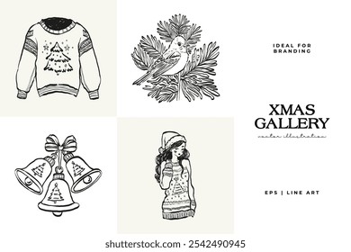 Merry Christmas and Happy New Year illustration, for greeting cards, posters, holiday covers. Xmas festive linocut black hand drawn.