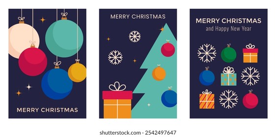 Feliz Navidades y feliz año Nuevo Anuncio retro, conjunto de tarjetas de felicitación. Lindos Elementos de Navidad de invierno. Fondo de Vector festivo para invitación a evento, anuncios, impresión, publicación en redes sociales, carteles, portadas