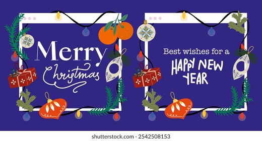 Merry Christmas and Happy New Year greeting card set. Minimal art banner, poster, cover templates. Modern cartoon Xmas design with typography, beautiful Christmas tree, glass ball and garland