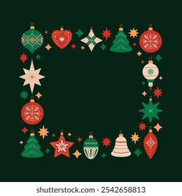 Merry Christmas and Happy New Year square frame with Christmas tree decorations of different shapes. Holiday quadratic template in red, green and beige colors on black background. Festive design