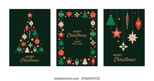 Feliz Navidades y feliz año Nuevo tarjetas de felicitación de Vertical con decoraciones de árboles de Navidad de diferentes Formas. Plantillas de Anuncio de Festiva sobre fondo negro