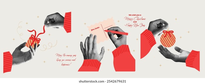 Merry Christmas and Happy New Year! 2025. Vector halftone illustration of hands with New Year's ball, with box gift and letter to Santa on gray background for greeting card