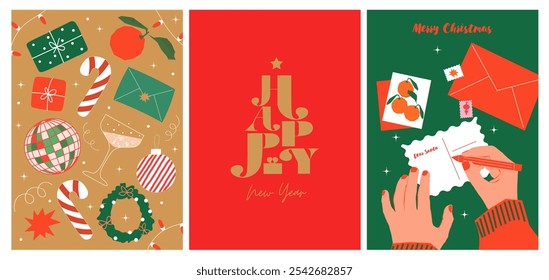 Merry Christmas and Happy New Year! 2025. Halftone illustration of hands writing letter to Santa on green background, garland with toys and calligraphic lettering for greeting card