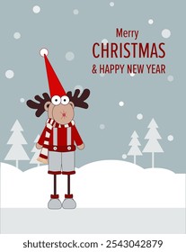 Merry Christmas and Happy New Year with Christmas reindeer. Festive cartoon character in winter season. Holiday card. Christmas illustration for print. Winter atmosphere. Vector graphics