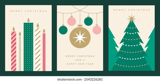 Merry Christmas and Happy New Year Greeting Card Vector Design Templates. Modern Beautiful Xmas Design with Christmas Tree, Ball Decorations, Candles. Modern Christmas Design for Greeting Cards