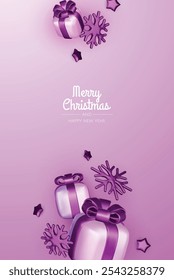 Merry Christmas and happy new year background. Christmas tree, Gift boxes, Christmas balls. Christmas element for web, banners, greeting card, template design.
