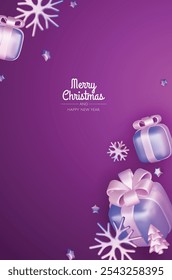 Merry Christmas and happy new year background. Christmas tree, Gift boxes, Christmas balls. Christmas element for web, banners, greeting card, template design.