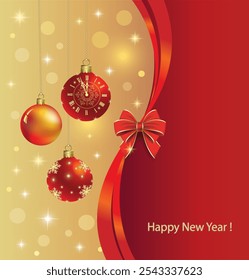 Merry Christmas and Happy New Year greeting card with hanging golden Christmas tree balls and clock and on glowing background decorated with wavy ribbon with bow. Vector illustration