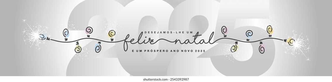 Merry Christmas and Happy New Year 2025 Portuguese language beautiful black elegant brush script calligraphy typography with white glitter sparkle stardust Christmas tree silver gray greeting card