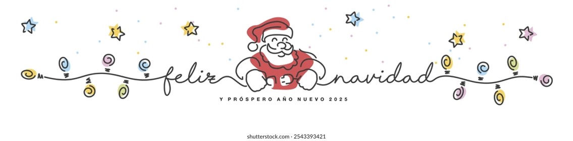 Merry Christmas and Happy new year 2025 Spanish language line design handwritten lettering typography, stars and snowflakes with Santa Claus turns on the colorful Christmas lights on white background