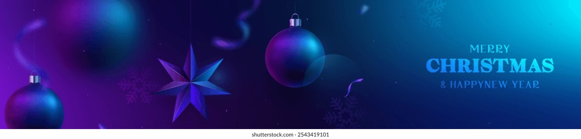 Merry Christmas and Happy New Year neon banner with baubles