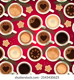 Merry Christmas and Happy New Year. Seamless pattern with coffee mug and cookies. Suitable for printing on textiles, wrapping paper, covers. Vector festive illustration for cafe.