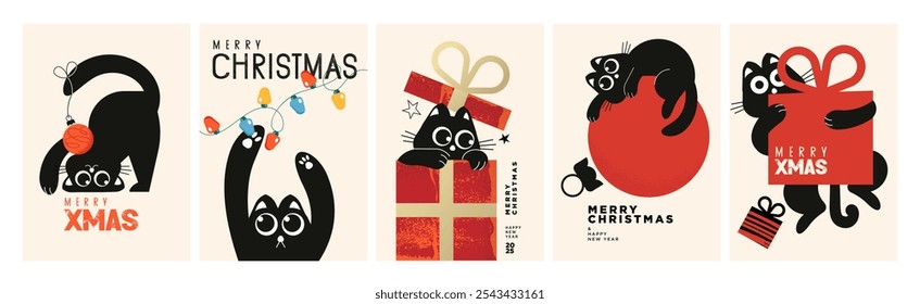 Merry Christmas and Happy New Year Greeting Cards. Cute vector illustration concepts for background, greeting card, party invitation card, website banner, social media banner, marketing material.