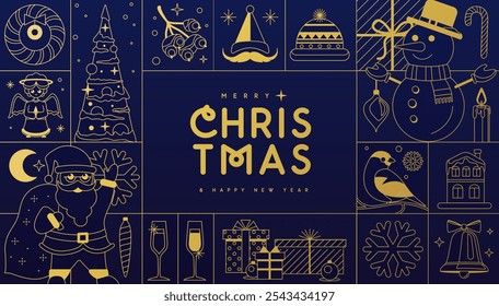 Merry Christmas and Happy New Year  line art greeting card, cover or poster with holiday attributes. Christmas background. Vector illustration