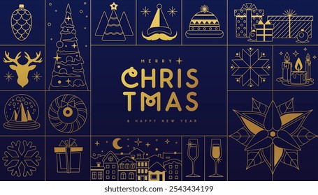 Merry Christmas and Happy New Year  line art greeting card, cover or poster with holiday attributes. Christmas background. Vector illustration