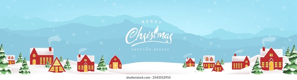 Merry Christmas and happy new year greeting card banner background with winter Christmas landscape snow falling at red village in forest among mountains