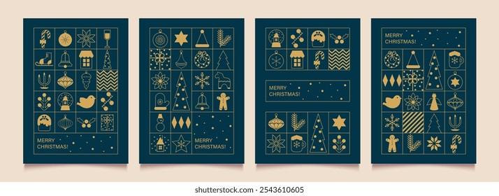 Feliz Natal e Feliz Ano Novo conjunto de cartazes, fundos. Elementos geométricos e ícones minimalistas. Convite moderno para a festa do Natal. Ilustração vetorial.
