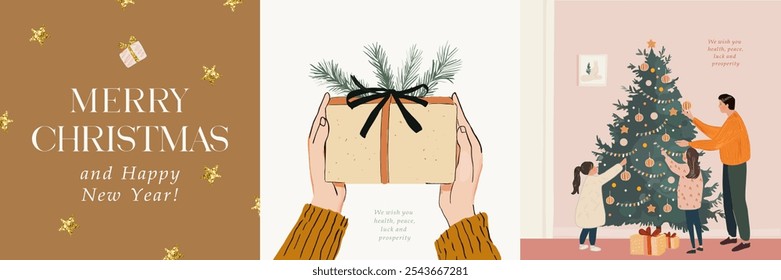 Merry Christmas and Happy New Year! 2025. Vector cute illustration of family, father and children decorating Christmas tree, hands holding gift for greeting card, poster or postcard