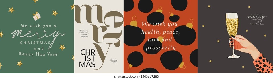 Merry Christmas and Happy New Year! 2025. Vector modern stylish corporate illustration hand holding glass of champagne, fashion trendy pattern for greeting card, invitation, background or postcard