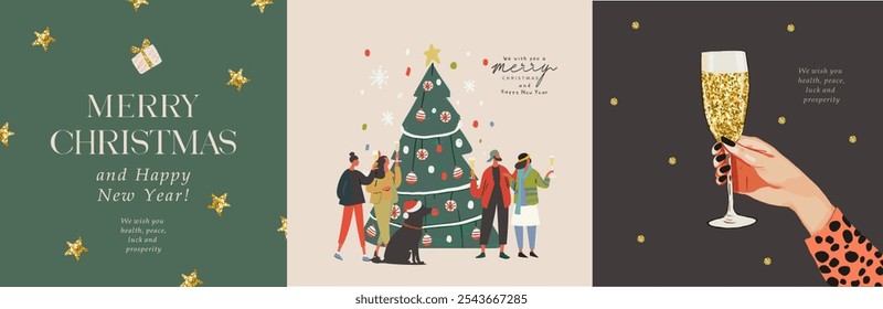 Merry Christmas and Happy New Year! 2025. Vector modern corporate illustration of stylish people with glasses of champagne near Christmas tree, hand for greeting card, invitation or postcard