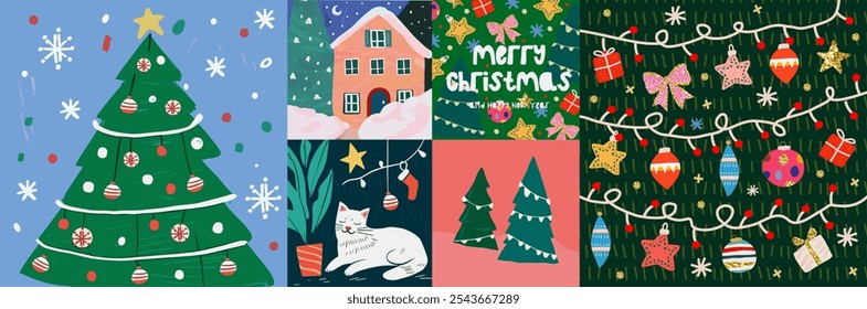 ¡Felices Navidades y Feliz Año Nuevo! 2025. Vector lindo naive ilustración de árbol de Navidad, paisaje con casa, mascota gato y guirnalda patrón para tarjeta de felicitación, cartel o fondo