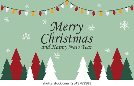 Merry Christmas and Happy New Year Promotion Poster or banner with pine tree and christmas tree, LED String lights. christmas element for Retail.