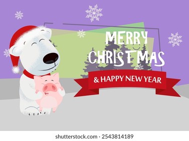 Merry Christmas and Happy New Year poster with polar bear. Illustration of polar bear holding small piglet on background with winter forest. Can be used for postcards, greeting cards, leaflets