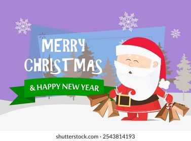 Merry Christmas and Happy New year postcard with Santa Claus. Illustration of Santa Claus holding paper bags on background with winter forest. Can be used for postcard, greeting card, leaflet