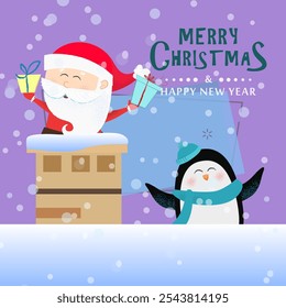 Merry Christmas and Happy New Year poster creative design. Inscription with funny penguin and Santa Claus inside chimney on background with snow. Can be used for postcards, greeting cards, leaflets