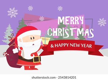 Merry Christmas and Happy New Year  postcard with funny Santa Claus. Illustration of Santa Claus holding gift sack on background with winter forest. Can be used for postcards, greeting cards, leaflets