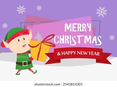 Merry Christmas and Happy New Year purple postcard with elf. Illustration of elf holding gift box on purple background with winter forest. Can be used for postcards, greeting cards, leaflets