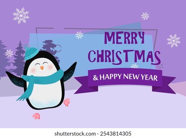 Feliz Natal e cartaz de feliz ano novo com pinguim. Ilustração de pinguim dançante em cachecol e chapéu no fundo com floresta de inverno. Pode ser usado para cartões postais, cartões comemorativos, folhetos