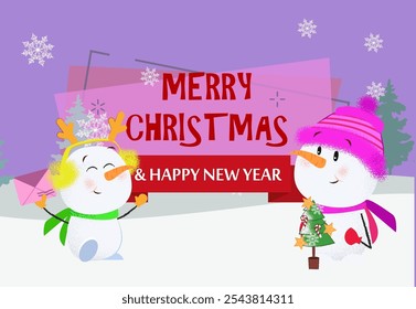 Merry Christmas and Happy New Year with two snowmen. Illustration of two snowmen on background with winter forest. Can be used for postcards, greeting cards, leaflets