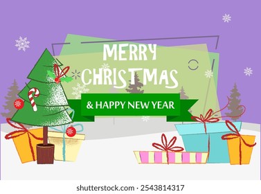 Merry Christmas and Happy New Year postcard with gifts. Illustration of gift boxes under fir tree on abstract background with winter forest. Can be used for postcards, greeting cards, leaflets
