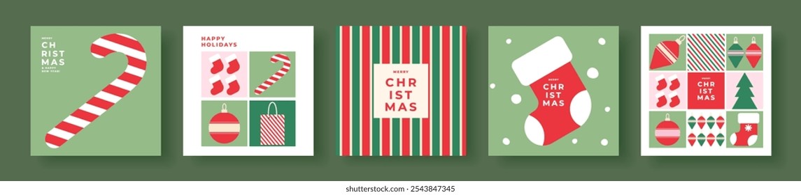 Feliz Navidades y Feliz Año Nuevo Conjunto de tarjeta de felicitación, Anuncio, cubierta, cartel en estilo minimalista moderno con Formas simples de árbol de Navidad, bola, caramelos.