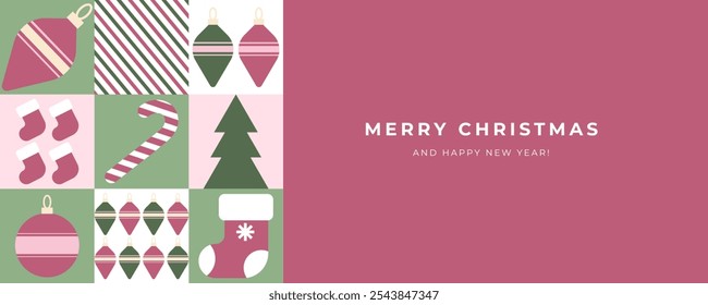 Merry Christmas and Happy New Year banner in geometric minimalist style with simple shapes. Design templates for ads, sales, season greetings