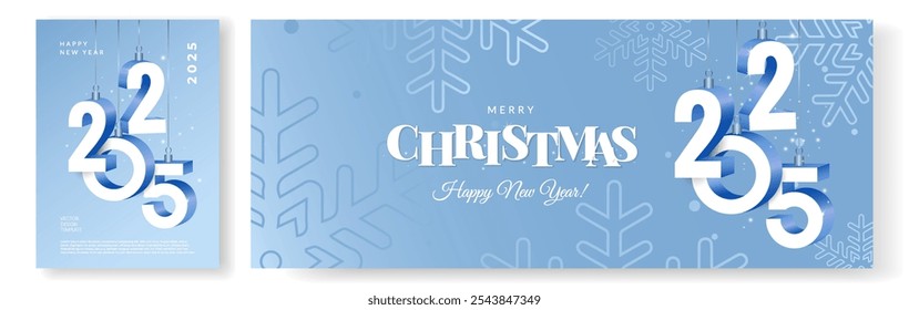 Merry Christmas and Happy New Year 2025 greeting card, banner set. Luxury Xmas modern design with typography, snowflakes on blue background.