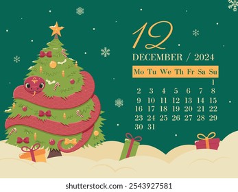 Feliz Navidad y Feliz Año Nuevo Calendario de diciembre, serpiente y árbol de Navidad, diseño de calendario de invierno