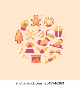 Merry Christmas and Happy New Year round banner on light background
