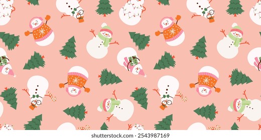 Merry Christmas and happy new year pattern with cute snowman in winter costume. Holiday cartoon and character in scarf and hat flat style on pink background. Print, wrapping paper, wallpaper, card