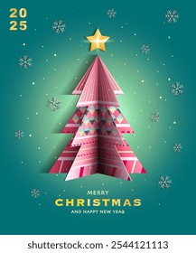 Merry Christmas and Happy New Year greeting card template set with paper cut-out Christmas trees on green background. Modern Trendy Christmas Card. Perfect for banner and festive decoration.