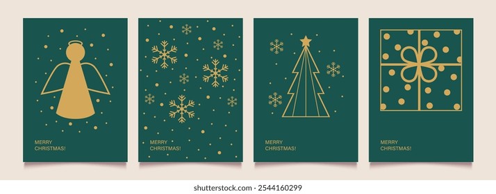 Merry Christmas and Happy New Year set of posters, backgrounds. Minimalist geometric elements. Modern Xmas party invitation. Vector illustration.
