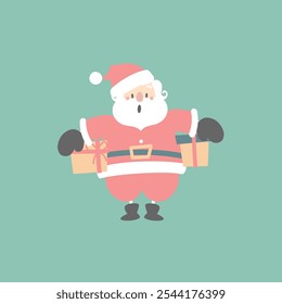 merry christmas and happy new year with cute santa claus holding present gift box, flat vector illustration cartoon character costume design