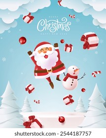 Merry christmas and happy new year greeting card with cute funny Santa Claus and Cute snowman in winter christmas landscape snow falling and alot of gift box